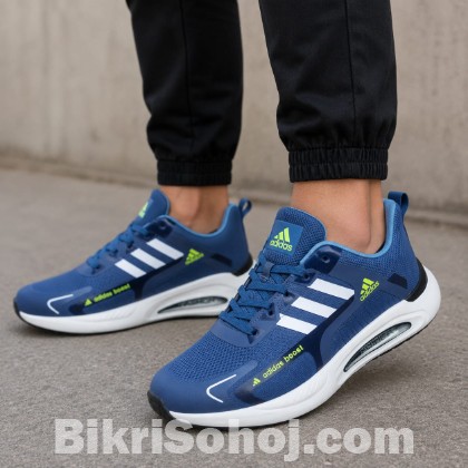adidas Boost running shoes in a blue colorway with white